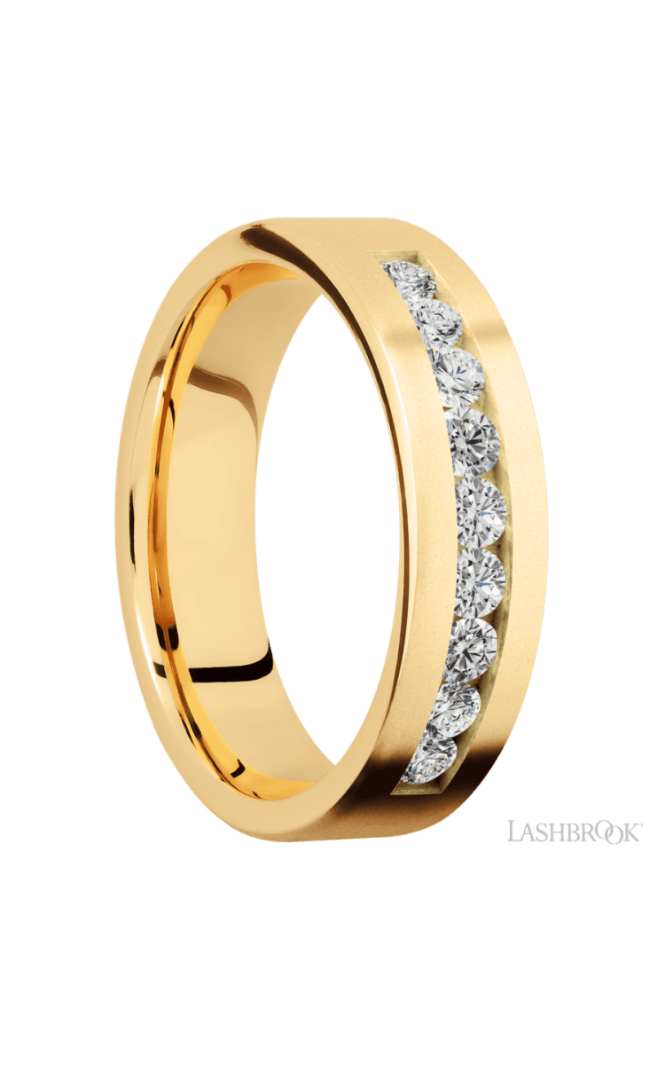 6 mm wide/Flat/14K Yellow Gold band with an arrangement of 9, .07 carat Round Diamond stones in a Channel setting. - Diamonds By Rothschild