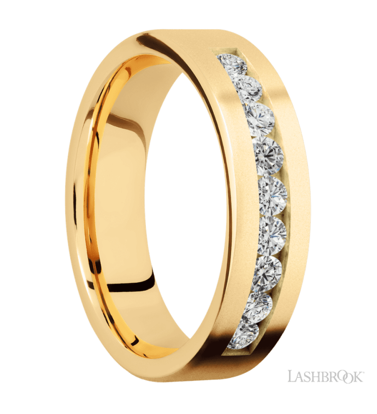 6 mm wide/Flat/14K Yellow Gold band with an arrangement of 9, .07 carat Round Diamond stones in a Channel setting. - Diamonds By Rothschild