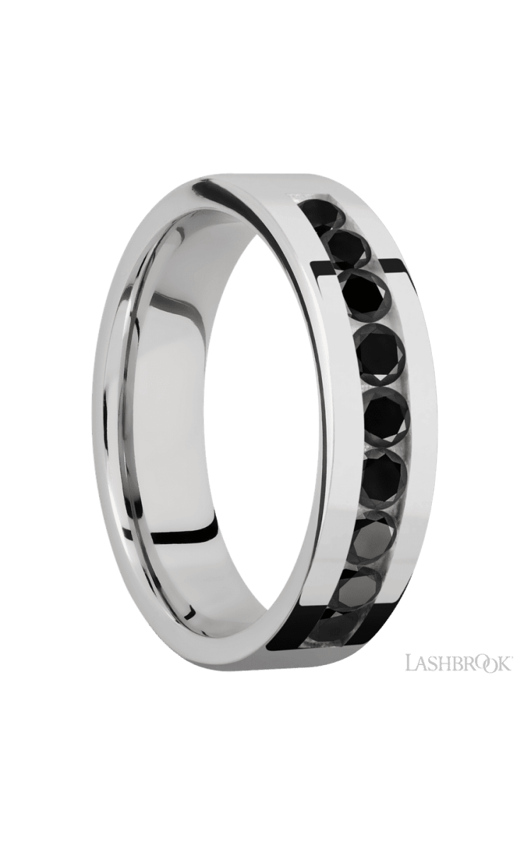 6 mm wide/Flat/Cobalt Chrome band with an arrangement of 9, .1 carat Round Black Diamond stones in a Channel setting. - Diamonds By Rothschild