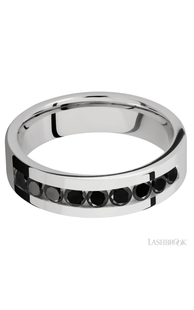 6 mm wide/Flat/Cobalt Chrome band with an arrangement of 9, .1 carat Round Black Diamond stones in a Channel setting. - Diamonds By Rothschild