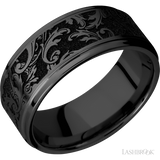 9 mm wide/Flat Grooved Edges/Zirconium band with a laser carved Black Leaf pattern.