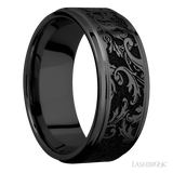 9 mm wide/Flat Grooved Edges/Zirconium band with a laser carved Black Leaf pattern.
