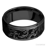 9 mm wide/Flat Grooved Edges/Zirconium band with a laser carved Black Leaf pattern.