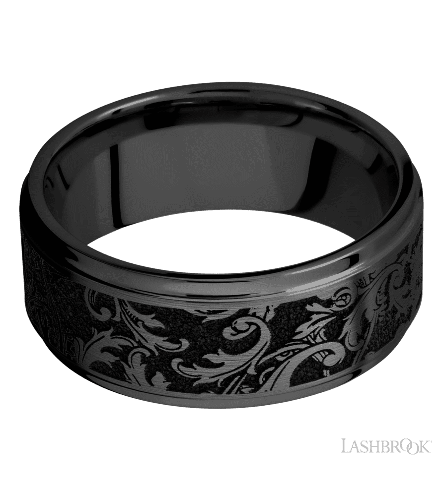 9 mm wide/Flat Grooved Edges/Zirconium band with a laser carved Black Leaf pattern.