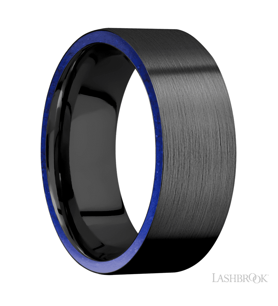 8 mm wide/Flat/Zirconium band with two 1 mm Side inlays of Lapis.
