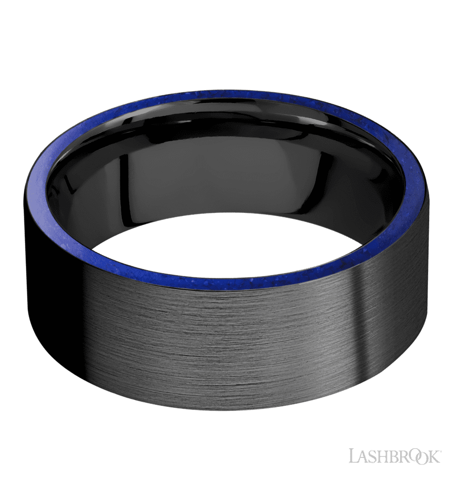 8 mm wide/Flat/Zirconium band with two 1 mm Side inlays of Lapis.