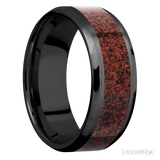 8 mm wide/Beveled/Zirconium band with one 5 mm Centered inlay of Dinosaur Bone Red.