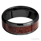 8 mm wide/Beveled/Zirconium band with one 5 mm Centered inlay of Dinosaur Bone Red.