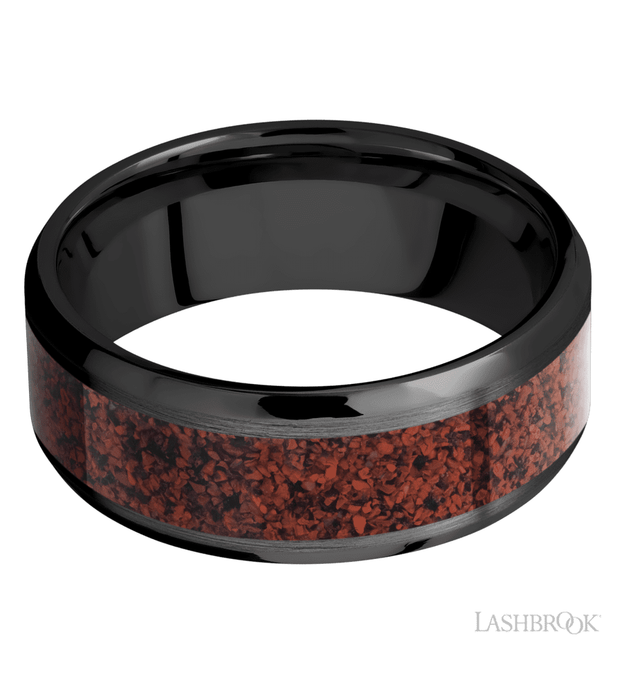 8 mm wide/Beveled/Zirconium band with one 5 mm Centered inlay of Dinosaur Bone Red.