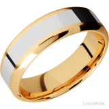 7 mm wide/High Bevel/14K Yellow Gold band with one 3 mm Centered inlay of 14K White Gold.