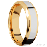 7 mm wide/High Bevel/14K Yellow Gold band with one 3 mm Centered inlay of 14K White Gold.