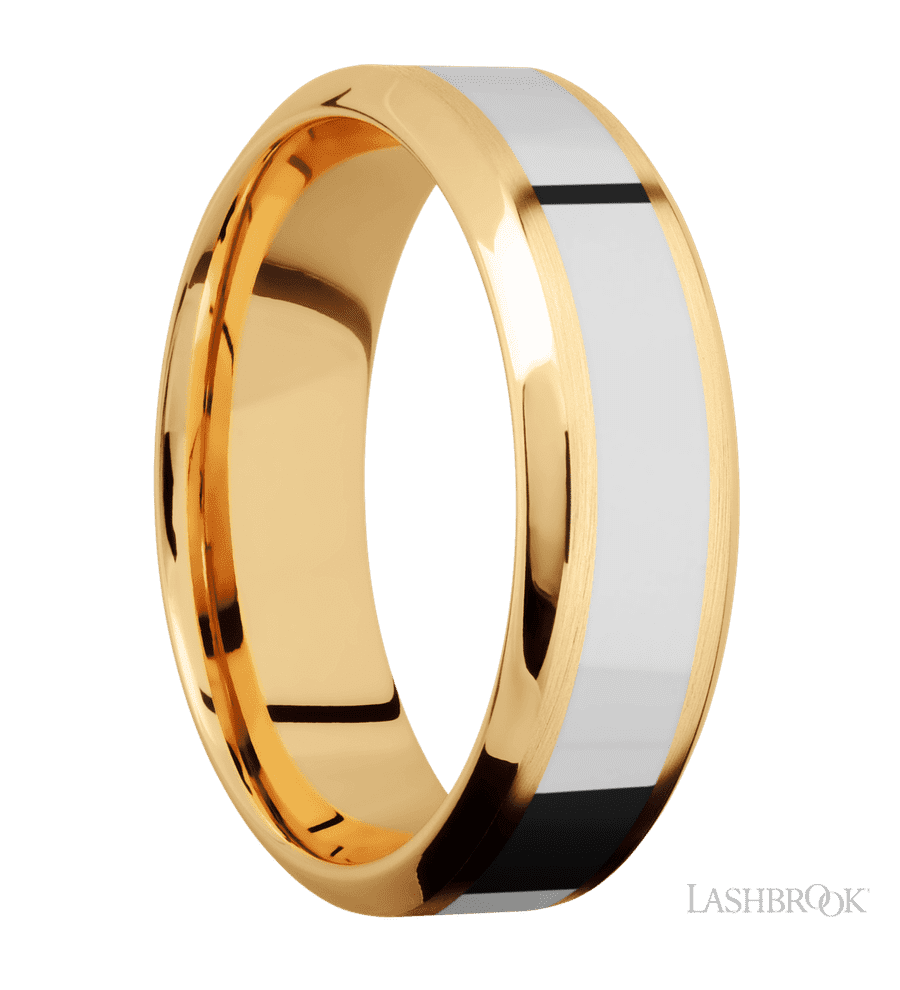 7 mm wide/High Bevel/14K Yellow Gold band with one 3 mm Centered inlay of 14K White Gold.