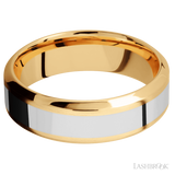 7 mm wide/High Bevel/14K Yellow Gold band with one 3 mm Centered inlay of 14K White Gold.