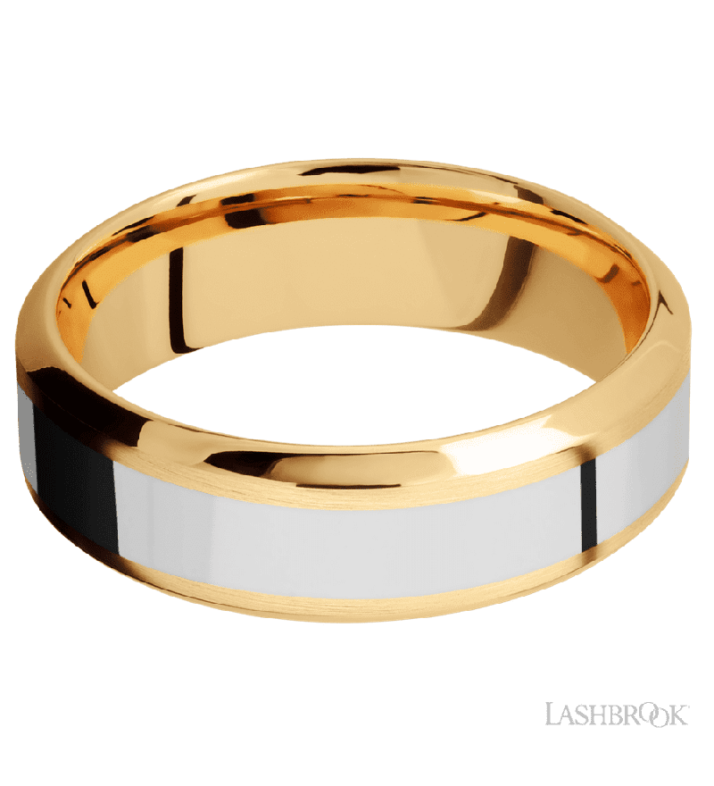 7 mm wide/High Bevel/14K Yellow Gold band with one 3 mm Centered inlay of 14K White Gold.