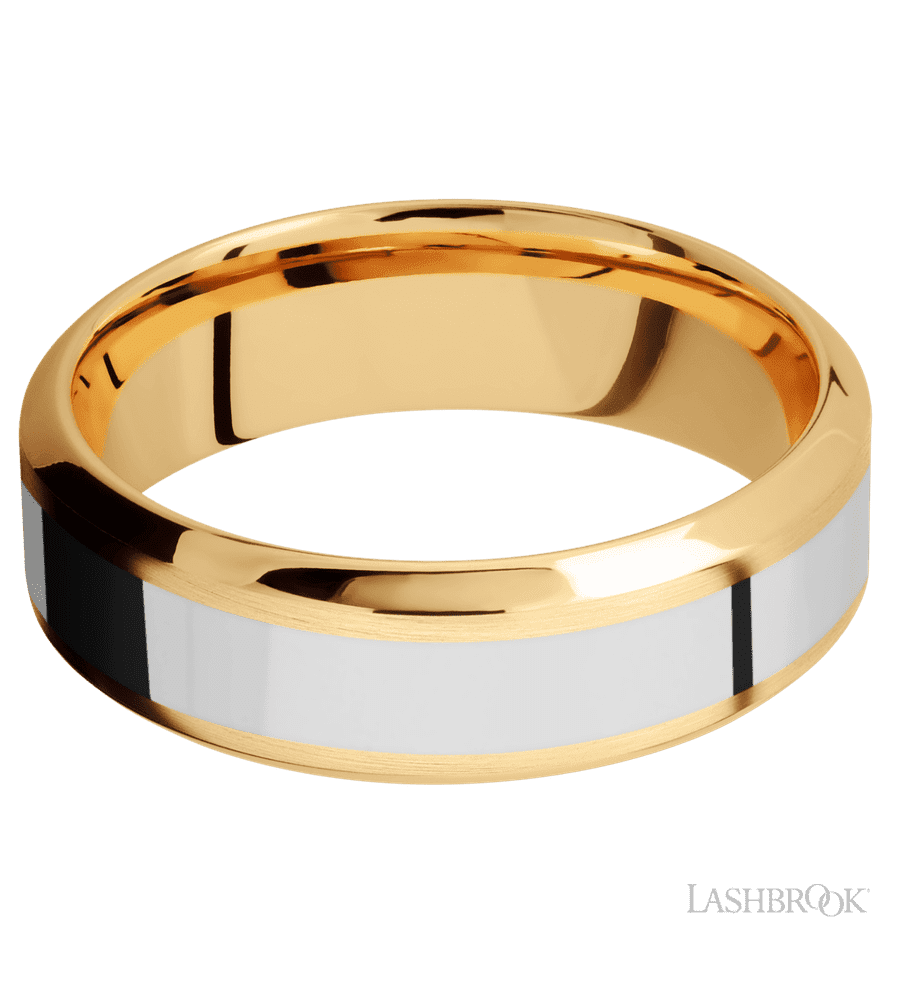 7 mm wide/High Bevel/14K Yellow Gold band with one 3 mm Centered inlay of 14K White Gold.