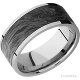 9 mm wide/Flat/Titanium band with one 7 mm Centered inlay of Forged Carbon Fiber.