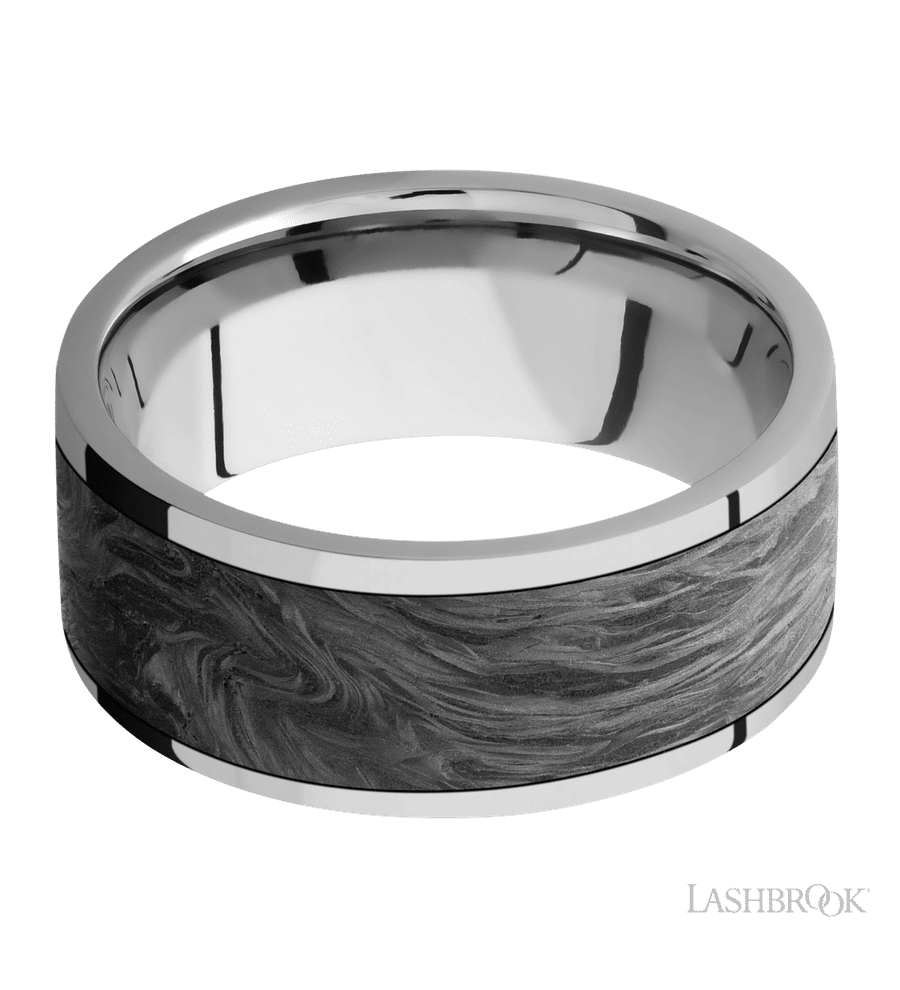 9 mm wide/Flat/Titanium band with one 7 mm Centered inlay of Forged Carbon Fiber.
