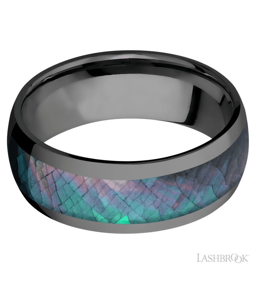8 mm wide/Domed/Zirconium band with one 5 mm Centered inlay of Black Mother of Pearl.