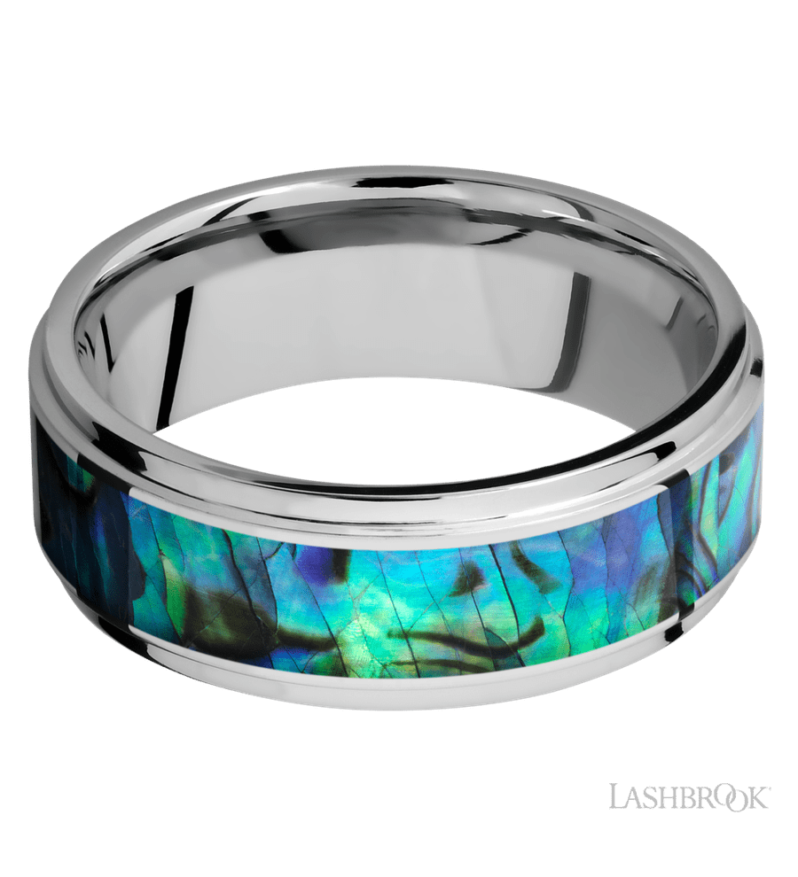 8 mm wide/Flat Grooved Edges/Cobalt Chrome band with one 5 mm Centered inlay of Abalone.