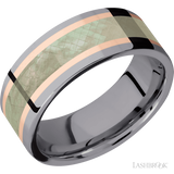 8 mm wide/Flat/Tantalum band featuring inlays of 14K Rose Gold and Freshwater Mother of Pearl.