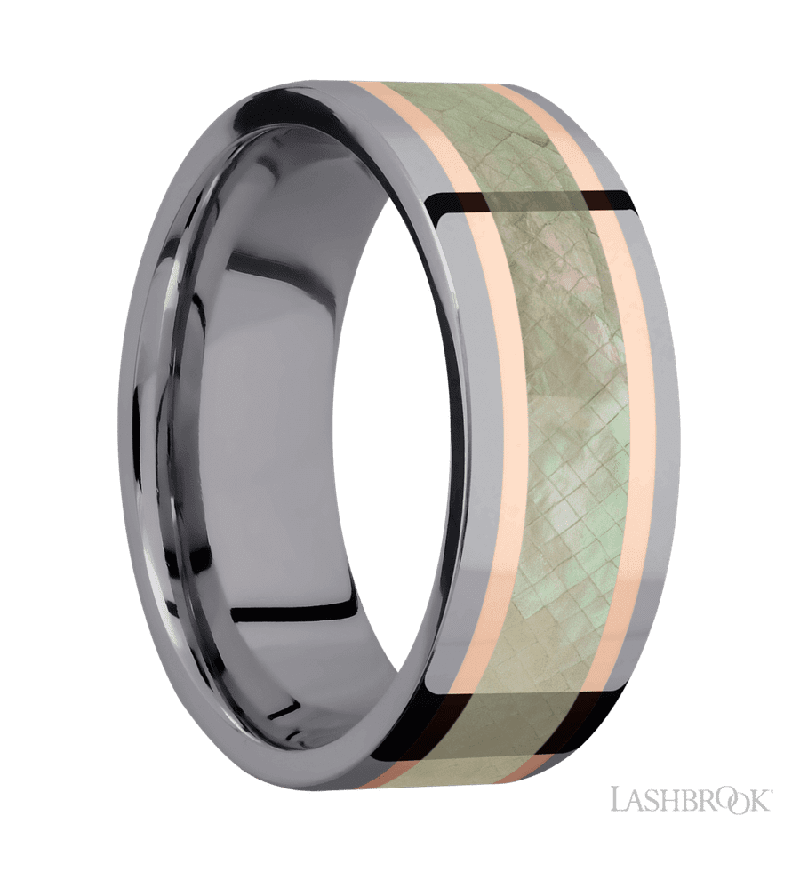 8 mm wide/Flat/Tantalum band featuring inlays of 14K Rose Gold and Freshwater Mother of Pearl.