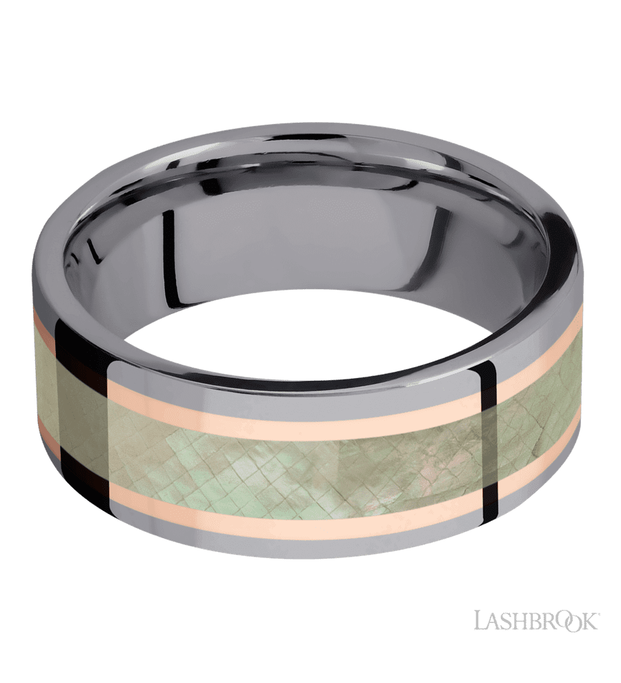 8 mm wide/Flat/Tantalum band featuring inlays of 14K Rose Gold and Freshwater Mother of Pearl.