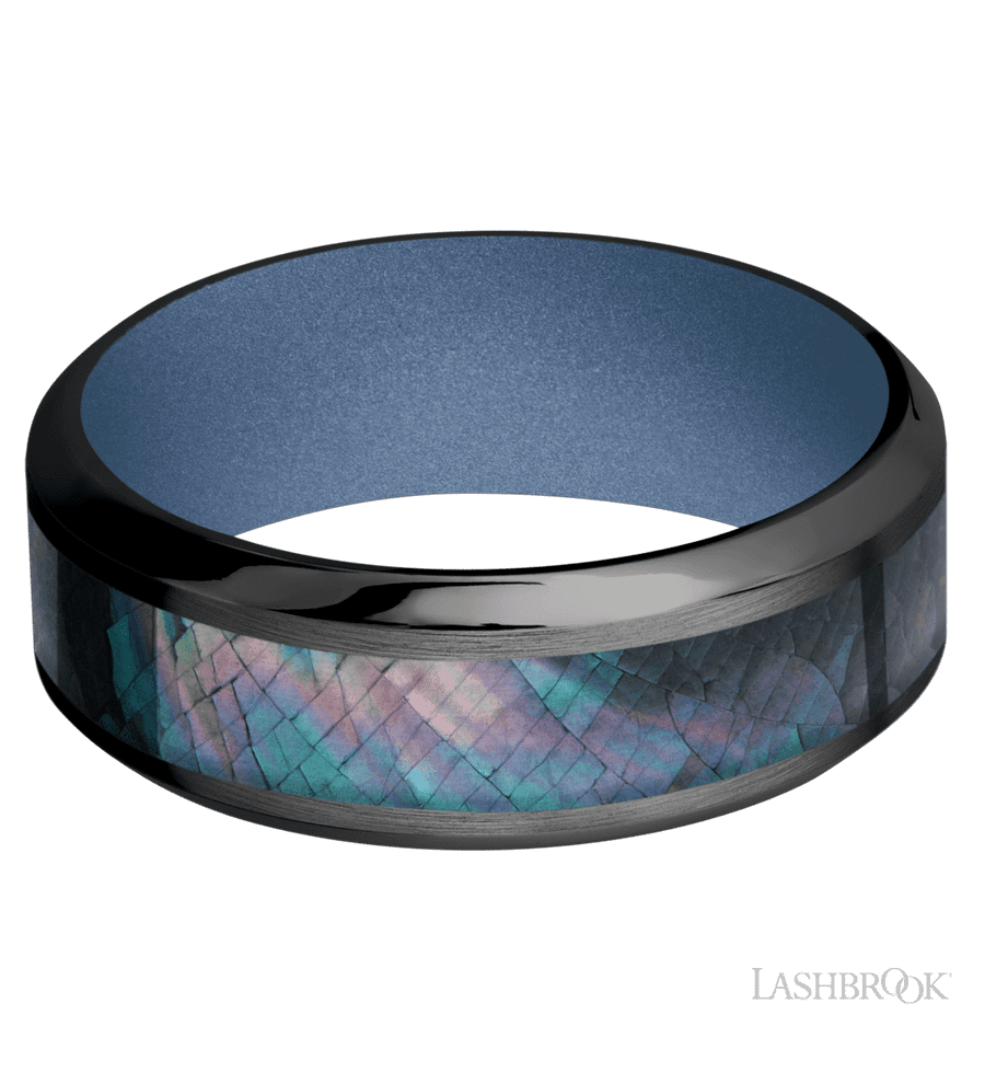 8 mm wide/High Bevel/Zirconium band with one 4 mm Centered inlay of Black Mother of Pearl also featuring a Crushed Orchid sleeve.