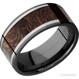 9 mm wide/Flat/Zirconium band featuring inlays of Titanium and Sapele.