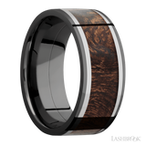9 mm wide/Flat/Zirconium band featuring inlays of Titanium and Sapele.