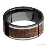 9 mm wide/Flat/Zirconium band featuring inlays of Titanium and Sapele.