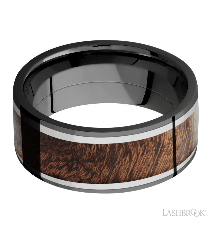 9 mm wide/Flat/Zirconium band featuring inlays of Titanium and Sapele.