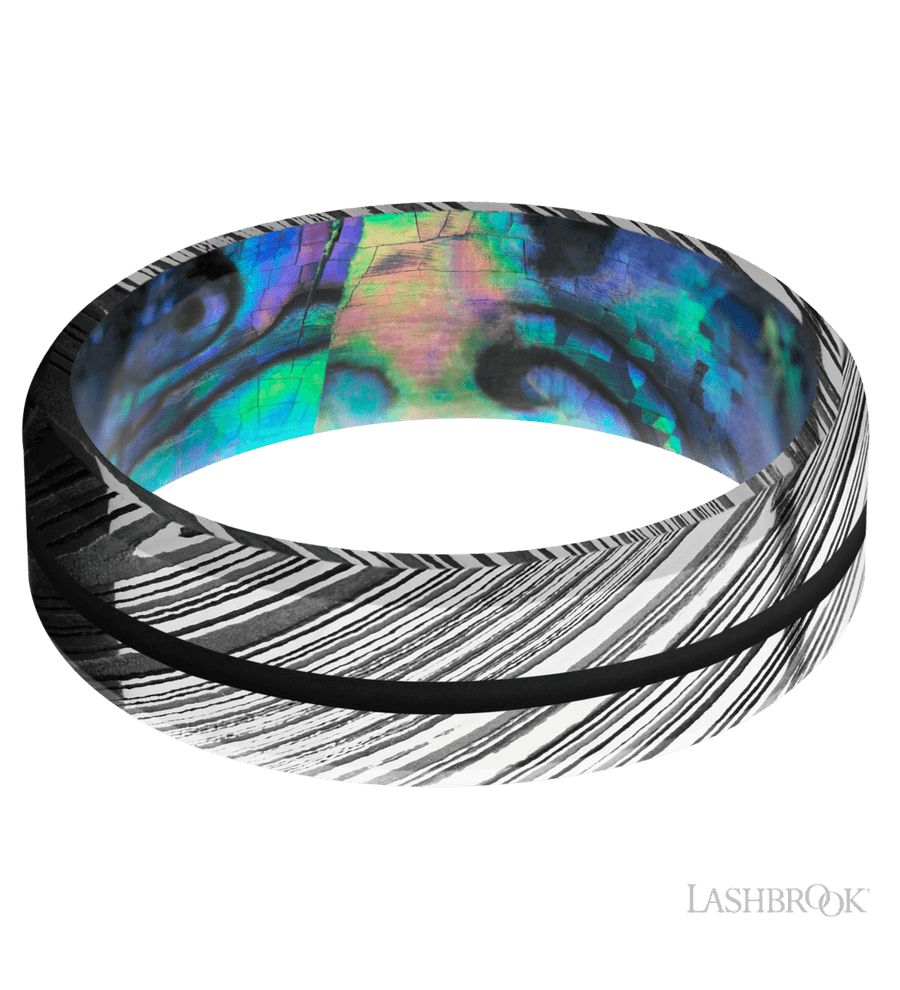 7 mm wide/Beveled/Woodgrain band with one 1 mm Centered inlay of Black also featuring a Abalone sleeve.