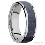 7 mm wide/Flat/Cobalt Chrome band with one 5 mm Centered inlay of Sodalite.