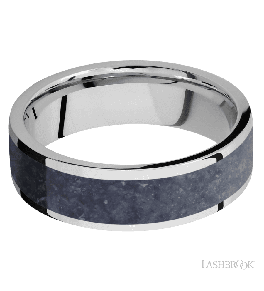 7 mm wide/Flat/Cobalt Chrome band with one 5 mm Centered inlay of Sodalite.