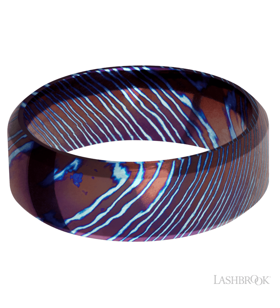 8 mm wide High Bevel Titanium Damascus band.