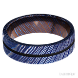 7 mm wide/Flat/Titanium Damascus band with one 1 mm Centered inlay of Black.