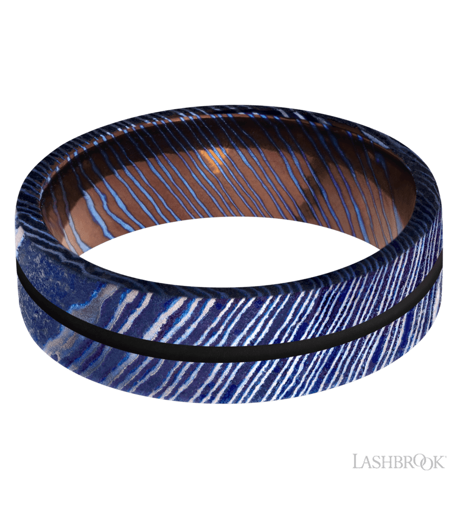 7 mm wide/Flat/Titanium Damascus band with one 1 mm Centered inlay of Black.