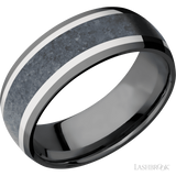 Lashbrook 8 mm wide/Domed/Zirconium band featuring inlays of 14K White Gold and Blue Sapphire.
