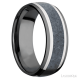 Lashbrook 8 mm wide/Domed/Zirconium band featuring inlays of 14K White Gold and Blue Sapphire.