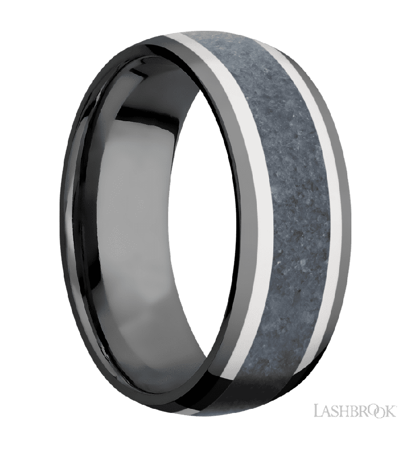 8 mm wide/Domed/Zirconium band featuring inlays of 14K White Gold and Blue Sapphire.