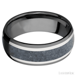 Lashbrook 8 mm wide/Domed/Zirconium band featuring inlays of 14K White Gold and Blue Sapphire.