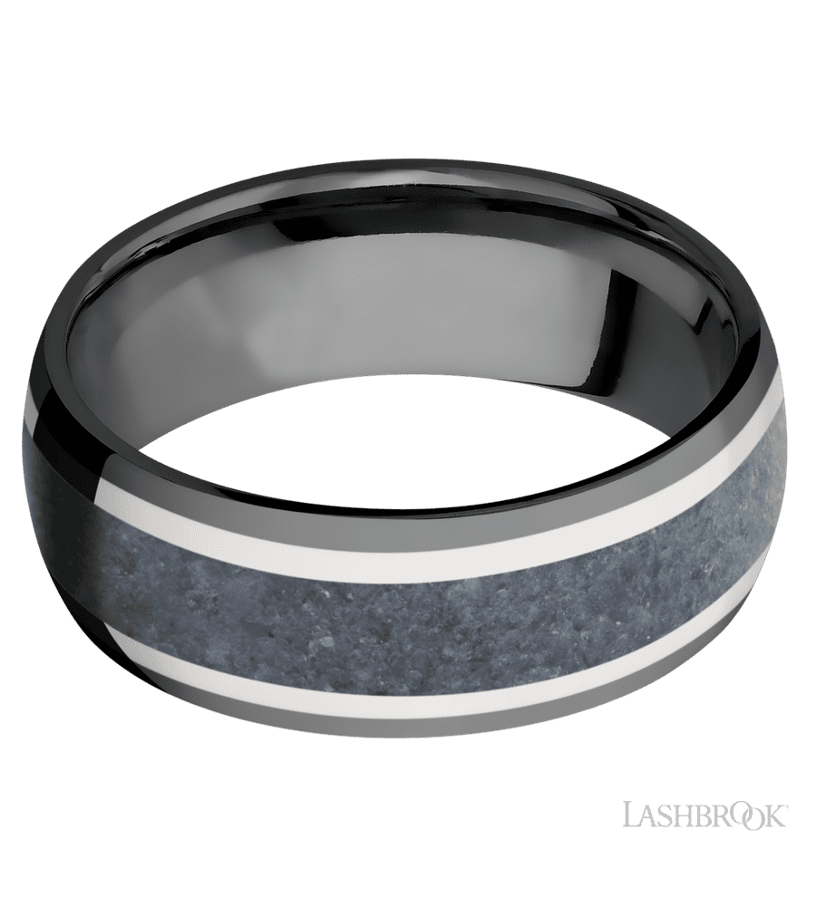8 mm wide/Domed/Zirconium band featuring inlays of 14K White Gold and Blue Sapphire.