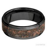 8 mm wide/Flat Grooved Edges/Zirconium band with one 5 mm Centered inlay of Desert Jasper.