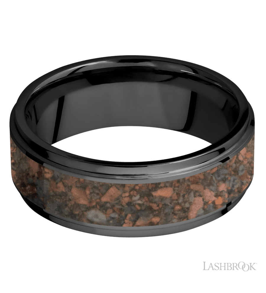 8 mm wide/Flat Grooved Edges/Zirconium band with one 5 mm Centered inlay of Desert Jasper.
