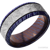 Lashbrook 8 mm wide/Beveled/Titanium Damascus band with one 5 mm Centered inlay of Meteorite.