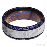 Lashbrook 8 mm wide/Beveled/Titanium Damascus band with one 5 mm Centered inlay of Meteorite.