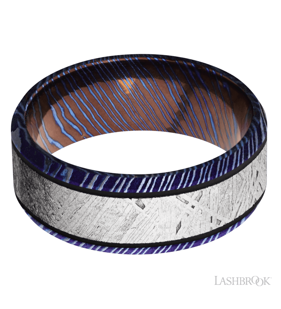 8 mm wide/Beveled/Titanium Damascus band with one 5 mm Centered inlay of Meteorite.