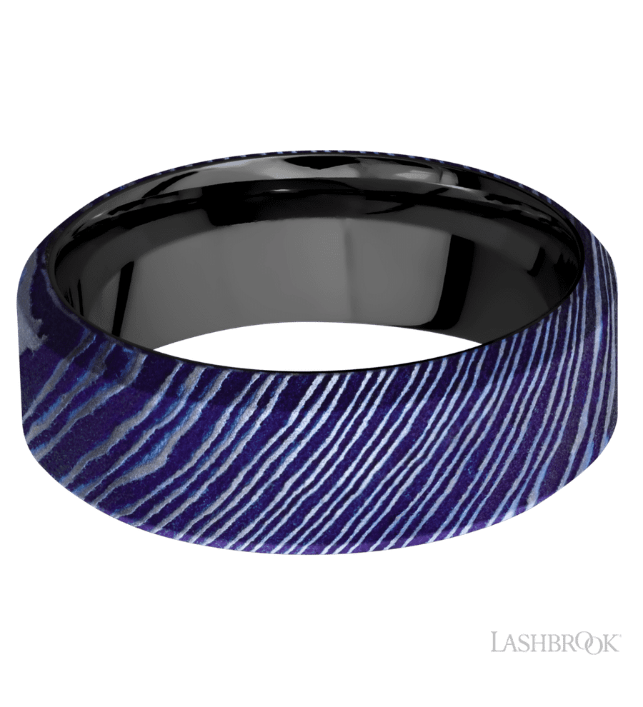 8 mm wide High Bevel Titanium Damascus band featuring a Zirconium sleeve.