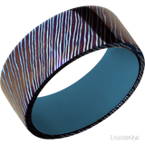 9 mm wide Flat Titanium Damascus band featuring a Royal Blue sleeve.