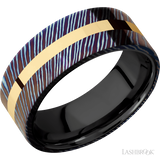 8 mm wide/Flat/Titanium Damascus band with one 2 mm Centered inlay of 14K Yellow Gold also featuring a Zirconium sleeve.